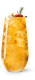 Ein erfrischendes Getränk in einem hohen Glas, gefüllt mit Eis und einer goldenen Flüssigkeit, garniert mit einer Kirsche.