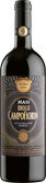 Ein hochwertiger italienischer Rotwein in einer schlanken Flasche, die mit einem schwarzen Etikett und goldenen Akzenten verziert ist.