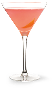 Ein elegantes Cocktailglas mit einem rosa Getränk und einer Orangenscheibe, das auf einem weißen Hintergrund steht.