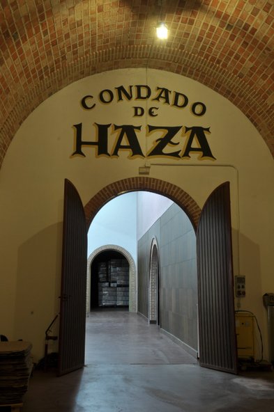 Ein einladender Eingang mit dem Schriftzug 'Condado de Haza' führt in einen hellen Raum, der mit Holzregalen ausgestattet ist.