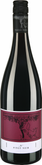 Eine elegante Flasche Pinot Noir mit einem kunstvollen Etikett, das eine stilisierte Traube und einen schelmischen Fuchs zeigt.