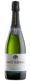 Eine elegante Flasche Conte Federico Riserva Brut mit einem stilvollen Etikett und einem schwarzen Korken, ideal für besondere Anlässe.