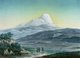 Drei Wanderer gehen auf einem Pfad, während ein majestätischer Berg mit schneebedecktem Gipfel im Hintergrund leuchtet.