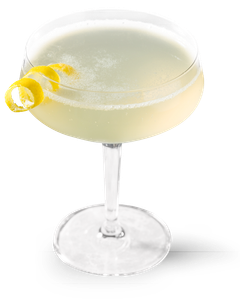 Das Cocktailglas zeigt ein erfrischendes, helles Getränk, das mit einer dekorativen Zitronenschale für einen fruchtigen Akzent versehen ist.