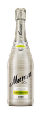 Eine elegante Flasche Mumm & Co. mit einem schimmernden, silbernen Design und dem Aufdruck 'alkoholfrei' auf dem Etikett.