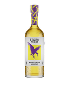 Eine Flasche Stork Club Whiskey Sour Liqueur mit einem auffälligen lila Etikett und einem stilisierten Storch-Logo.