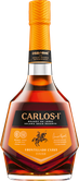 Die Flasche des Carlos I Amontillado Brandys zeigt ein stilvolles Design mit einem goldenen Pferdemotiv und einem orangefarbenen Korken.