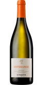 Eine Flasche Chardonnay mit orangefarbenem Korken, die das Etikett 'Costebianche' und die Herkunft 'Piemont' zeigt.