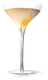 Ein elegantes Cocktailglas mit einem klaren Getränk und einer spiralförmigen Zitronenscheibe, die im Glas schwimmt.