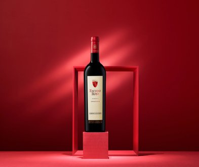 Ein stilvolles Arrangement zeigt eine Flasche Escudo Rojo Wein, die auf einem roten Block vor einer harmonischen roten Wand steht.