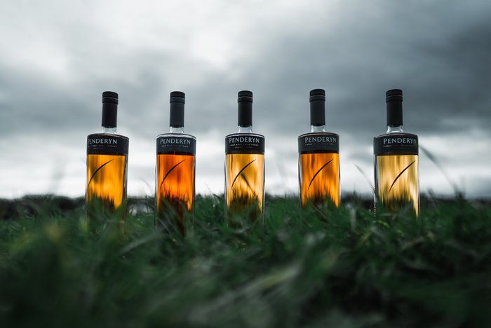 In einer malerischen Umgebung stehen fünf Penderyn Whisky-Flaschen, die im sanften Licht des bewölkten Himmels leuchten.