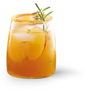 Ein stilvolles Glas mit einem fruchtigen Getränk, das mit Eis gefüllt ist und mit einem Rosmarin und Apfel dekoriert ist.