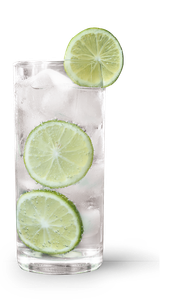 Klares Getränk mit Eiswürfeln und Limettenscheiben in einem hohen Glas, das eine erfrischende Atmosphäre vermittelt.