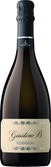 Eine elegante Flasche Prosecco mit einem schwarzen Korken und einem goldenen Etikett, das den Namen 'Giustino B. Ruggeri' trägt.