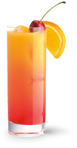 Das Glas enthält einen bunten Cocktail mit einem sanften Farbverlauf von Gelb zu Rot, garniert mit einer Kirsche und einer Orangenscheibe.