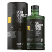 Eine grüne Whiskyflasche mit schwarzem Etikett und gelber Nummer 10, umgeben von einer eleganten Verpackung.