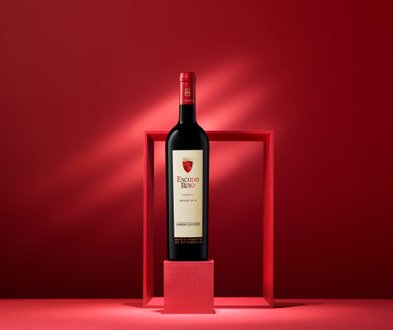 Ein stilvolles Arrangement zeigt eine Flasche Escudo Rojo Wein, die auf einem roten Block vor einer harmonischen roten Wand steht.