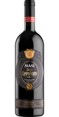 Ein hochwertiger italienischer Rotwein in einer schlanken Flasche, die mit einem schwarzen Etikett und goldenen Akzenten verziert ist.