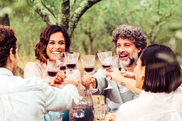 Eine Gruppe von Freunden hebt fröhlich ihre Gläser mit Rotwein in einem malerischen Olivenhain.