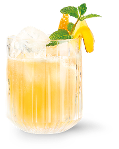 Ein erfrischendes Getränk in einem klaren Glas, gefüllt mit Eis und einer leuchtend gelben Flüssigkeit.