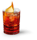 Ein Cocktail mit einer leuchtend roten Farbe, serviert in einem facettierten Glas, verziert mit einer spiralförmigen Orangenschale.
