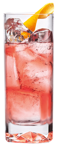 Ein Cocktail mit einer klaren, roten Farbe, der in einem eleganten Glas serviert wird, garniert mit einer Orangenschale.