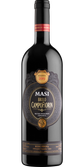 Ein hochwertiger italienischer Rotwein in einer schlanken Flasche, die mit einem schwarzen Etikett und goldenen Akzenten verziert ist.