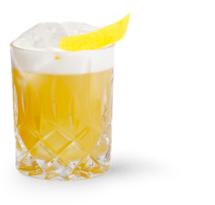 Ein stilvolles Getränk in einem Kristallglas, das mit Eis gefüllt ist und eine frische Zitronenscheibe als Dekoration hat.
