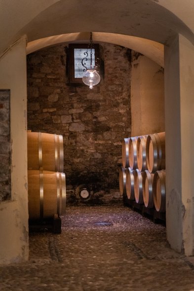 Ein Blick in einen Weinkeller, wo Holzfässer in einem schmalen Gang stehen, beleuchtet von einer eleganten Deckenlampe.