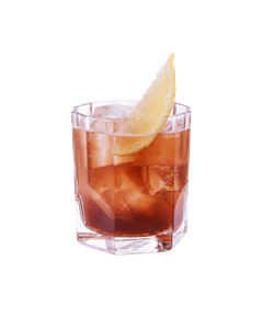 Ein Cocktail mit einer tiefen, rötlichen Farbe, serviert in einem klaren Glas, dekoriert mit einer frischen Zitronenscheibe.