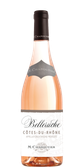 Ein stilvoller Roséwein in einer schlanken Flasche, die mit einem kunstvollen Etikett und dem Namen Belleruche verziert ist.
