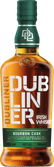 Eine moderne Whiskeyflasche mit dunkelgrüner Kapsel und markantem Etikett in Grün, Weiß und Orange. Das auffällige „DUBLINER“-Design verleiht der Flasche eine zeitgemäße und charakterstarke Optik.