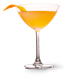 Ein elegantes Cocktailglas mit einem leuchtend orangefarbenen Getränk und einer Orangenschale als Garnitur.
