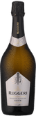 Eine elegante Flasche Prosecco mit schwarzem Etikett und silberner Schrift, die den Namen Ruggeri trägt.
