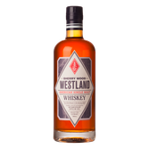 Eine Flasche Westland Whiskey mit einem auffälligen Etikett, das die Sorte Sherry Wood und die Herkunft aus Seattle zeigt.