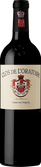 Die Flasche Clos de l'Oratoire zeigt ein detailliertes Wappen und hebt sich durch ihre stilvolle Form und Farbe hervor.