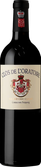 Die Flasche Clos de l'Oratoire zeigt ein detailliertes Wappen und hebt sich durch ihre stilvolle Form und Farbe hervor.