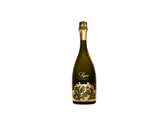 Eine elegante Flasche Champagner mit goldenen Verzierungen und dem Schriftzug 'Rare' auf dem Etikett.