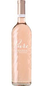 Ein hochwertiger Roséwein, der in einer transparenten Flasche mit einem eleganten, minimalistischen Etikett präsentiert wird.