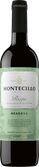 Eine elegante Flasche Montecillo Rioja Reserva mit einem blauen Korken und einem stilvollen Etikett, das Tradition und Qualität ausstrahlt.