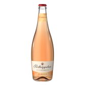 Eine Flasche Rotkäppchen Fruchtsecco mit Pfirsichgeschmack, die in sanften Rosatönen leuchtet und einen roten Verschluss hat.