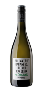 Eine Flasche Pinot Blanc mit einem humorvollen Etikett, das besagt, dass man Glück nicht kaufen kann, aber trinken kann.