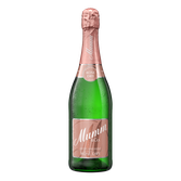 Eine Flasche Mumm Rosé Dry Sekt mit einem eleganten, rosafarbenen Korken und sprudelndem Inhalt, perfekt für festliche Anlässe.