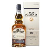 Die Flasche des Old Pulteney 12 Jahre Whiskys zeigt eine goldene Farbe und ist mit einer ansprechenden Etikettierung versehen.