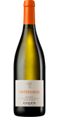 Eine Flasche Chardonnay mit orangefarbenem Korken, die das Etikett 'Costebianche' und die Herkunft 'Piemont' zeigt.