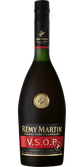 Eine elegante Flasche Rémy Martin V.S.O.P. Cognac, die in einem stilvollen Design mit goldenen Akzenten präsentiert wird.