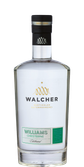 Eine elegante Flasche Williams Christbirne von Walcher, die in klaren Linien und einem modernen Design präsentiert wird.