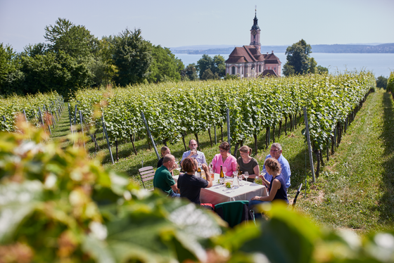 Am Tisch im Weinberg lachen und stoßen mehrere Personen mit Gläsern an, während die Kirche im Hintergrund eine ruhige Atmosphäre schafft.