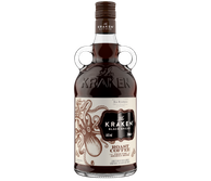 Eine Flasche Kraken Black Spiced Rum mit einem auffälligen Design, das einen Kraken und Kaffeebohnen zeigt.