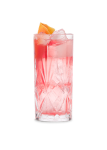 Ein eleganter Cocktail in einem facettierten Glas, gefüllt mit eisgekühltem, pinkfarbenem Getränk und einer Orangenscheibe.